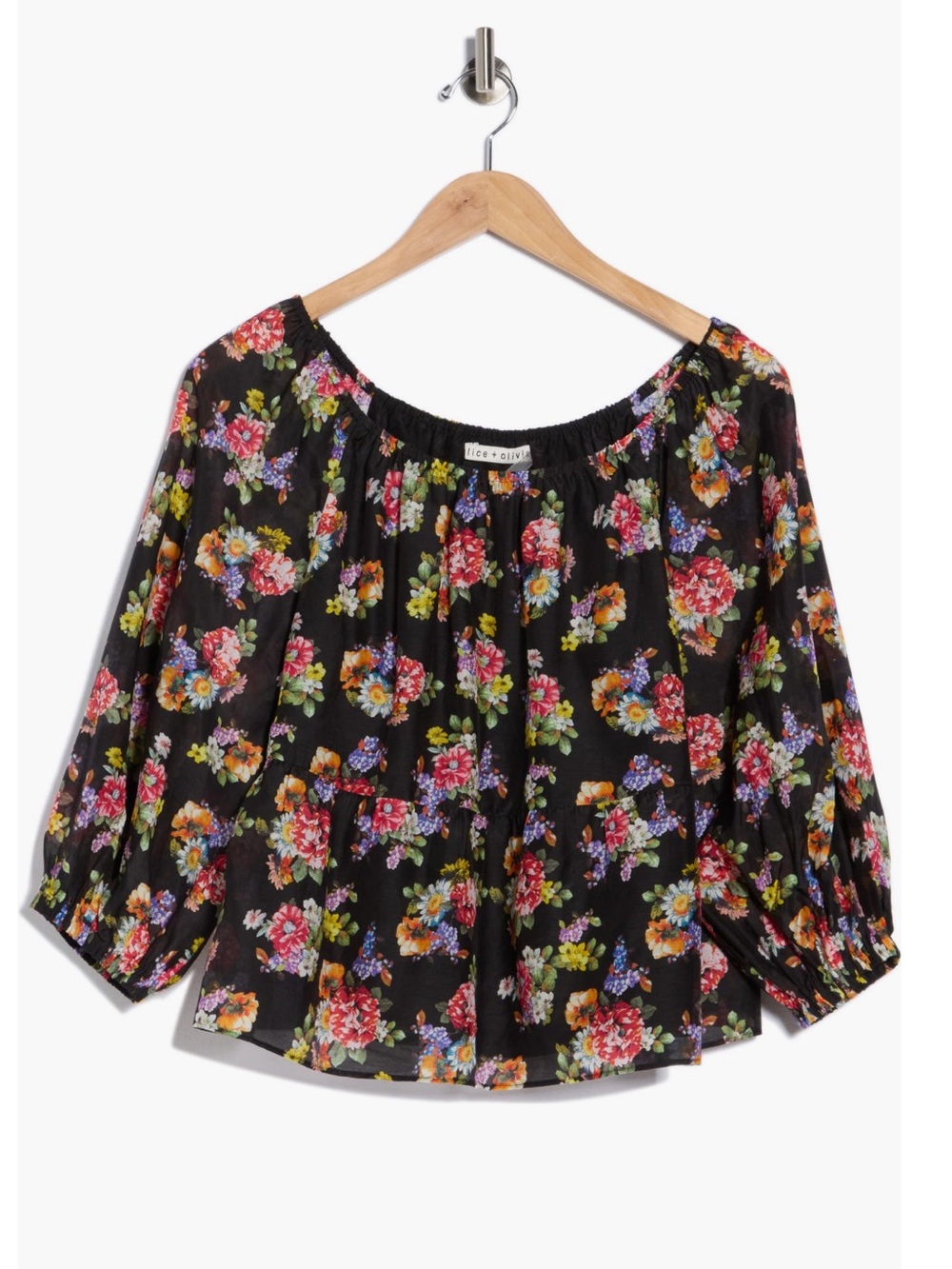 NWT Alice + Olivia Floral Print Ruffle
Peasant Top, Magnolia Flower Black size 4